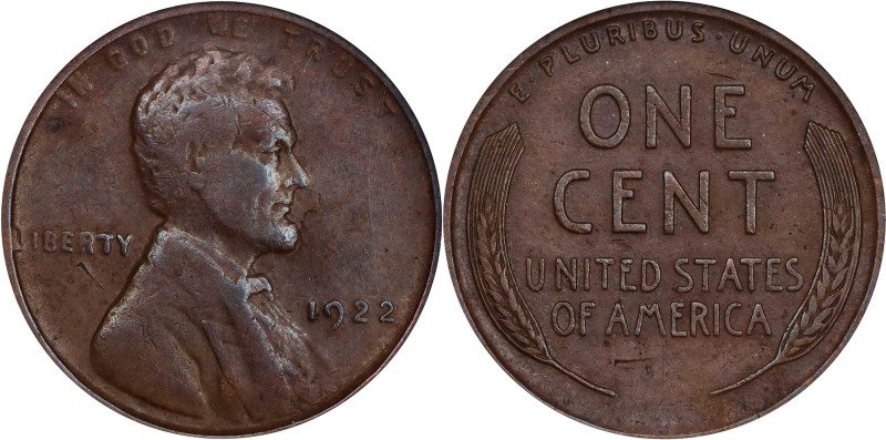 1922 No D Lincoln Cent. FS-401, Die Pair II. Strong Reverse. EF-45 BN (NGC). CAC...