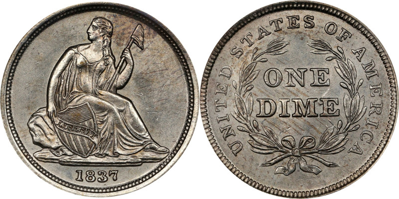 1837 Liberty Seated Dime. No Stars. Small Date. MS-64 (NGC).

This is the scar...