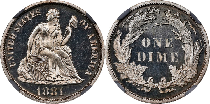 1881 Liberty Seated Dime. Proof-66 Cameo (NGC).

A dusting of pale silvery tin...