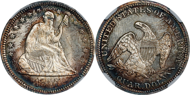 1857 Liberty Seated Quarter. MS-66+ (NGC).

Blushes of pretty peripheral tonin...