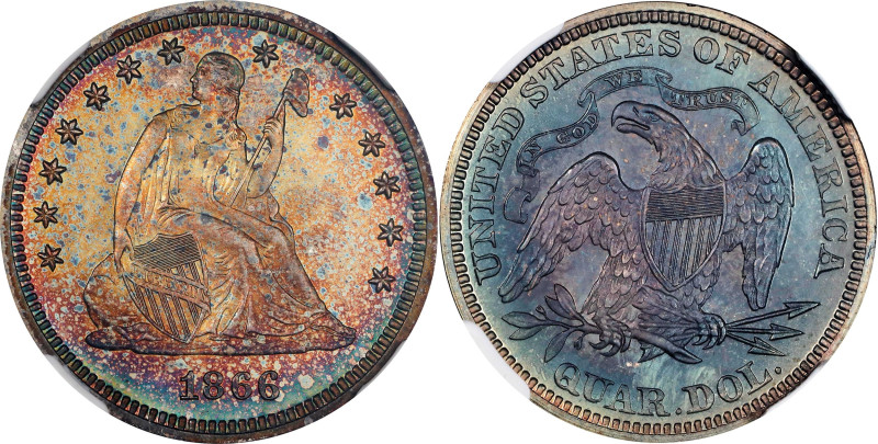 1866 Liberty Seated Quarter. Motto. Proof-66 (NGC).

A fabulous polychromatic ...