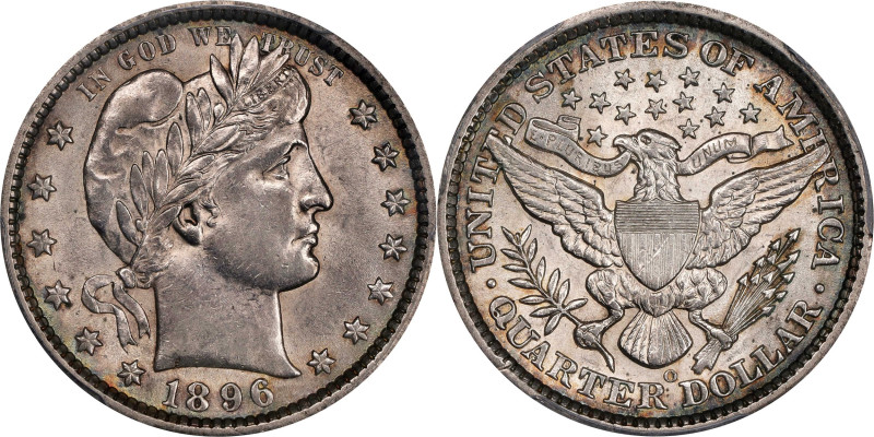 1896-O Barber Quarter. AU-58 (PCGS).

Modestly toned, mostly around the periph...