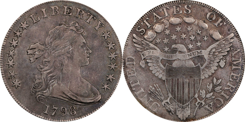 1798 Draped Bust Silver Dollar. Heraldic Eagle. BB-108, B-13. Rarity-3. Pointed ...