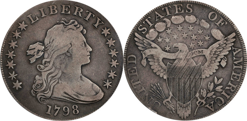 1798 Draped Bust Silver Dollar. Heraldic Eagle. BB-108, B-13. Rarity-3. Pointed ...