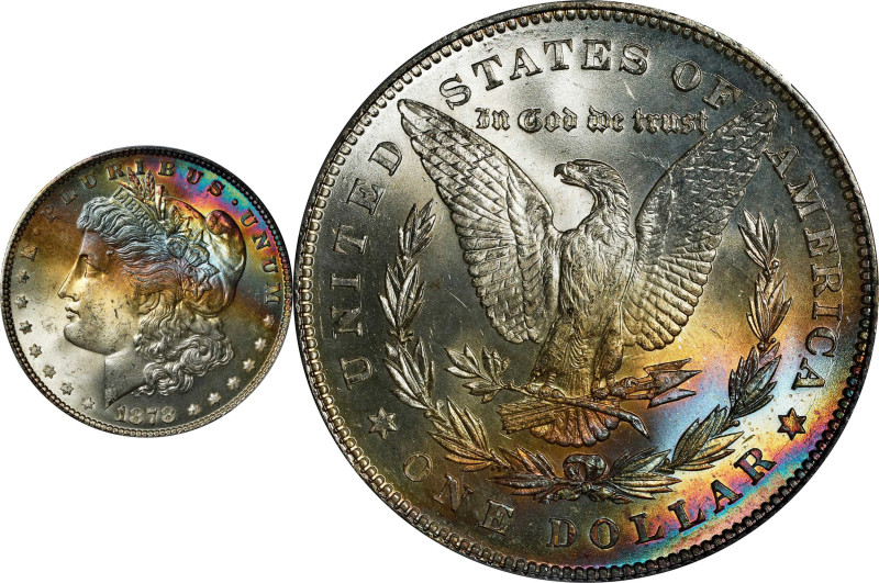 1878 Morgan Silver Dollar. 7 Tailfeathers. Reverse of 1878. MS-66 (PCGS).

Swe...