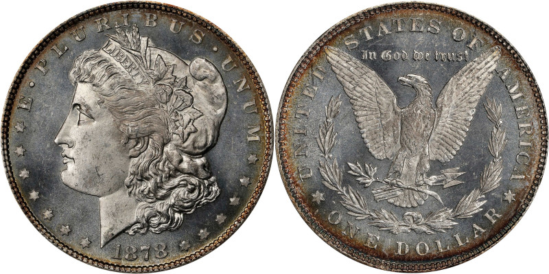 1878 Morgan Silver Dollar. 7 Tailfeathers. Reverse of 1878. MS-65 DMPL (ANACS). ...