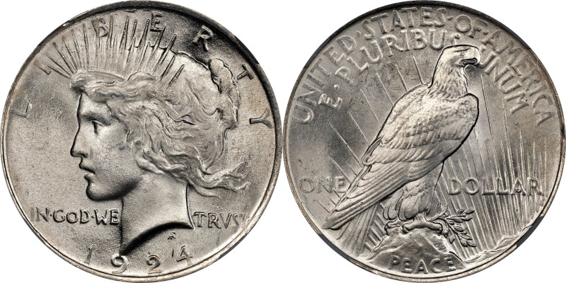 1924 Peace Silver Dollar. MS-67 (NGC).

A fully struck, exceptionally lustrous...