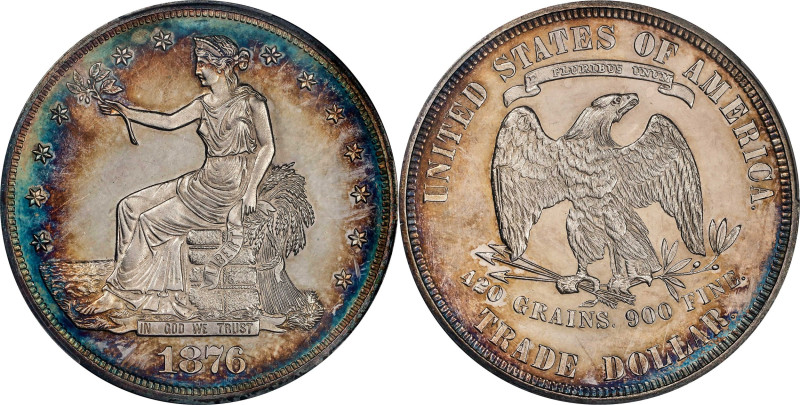 1876 Trade Dollar. Type I/II. Proof-63 Cameo (PCGS).

Splashes of sapphire and...