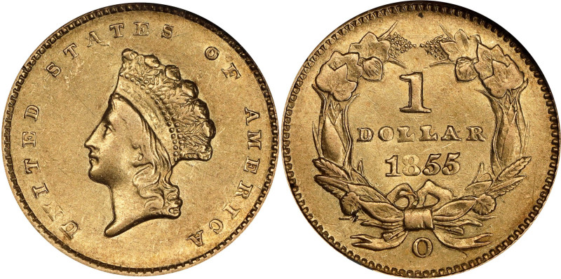 1855-O Gold Dollar. Type II. Winter-1. AU-55 (NGC).

A popular date, the only ...