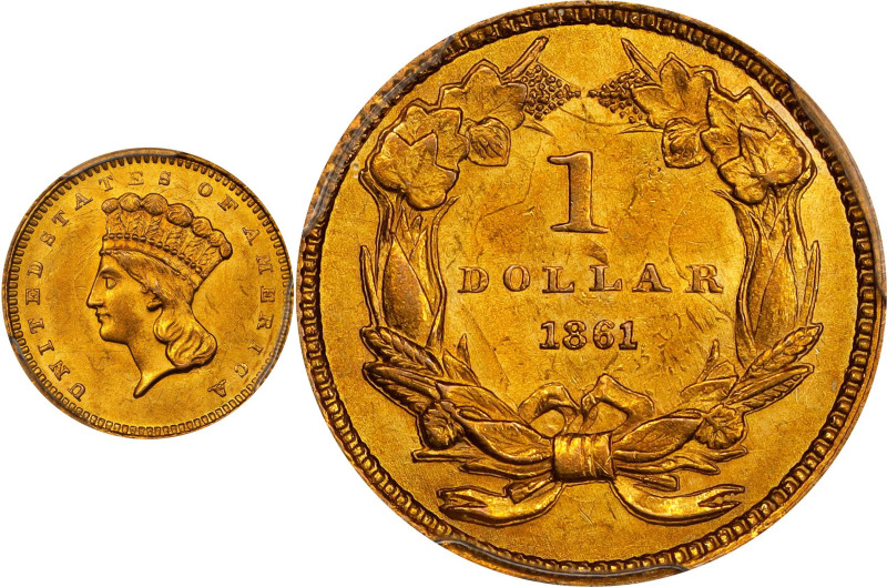 1861 Gold Dollar. MS-63 (PCGS). CAC.

A frosty and lustrous specimen with exce...