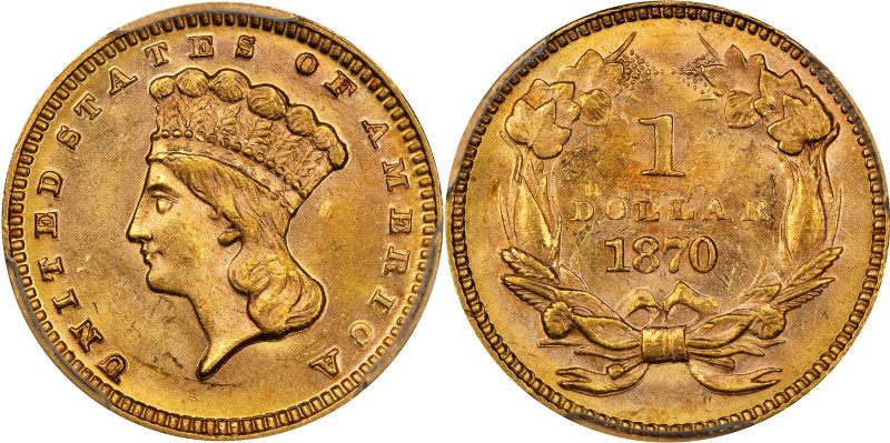 1870 Gold Dollar. MS-64 (PCGS). CAC.

This beautiful near-Gem is aglow with de...