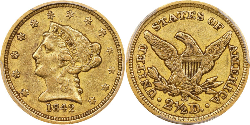 1842-D Liberty Head Quarter Eagle. Winter 3-F, the only known dies. EF-45 (PCGS)...