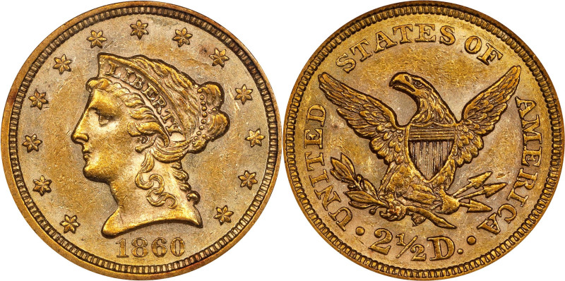 1860 Liberty Head Quarter Eagle. Breen-6250. Type I Reverse. AU-58 (NGC).

An ...