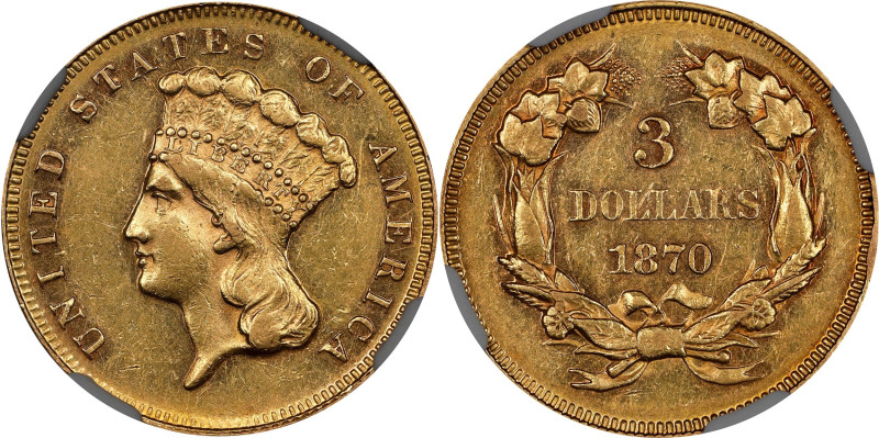 1870 Three-Dollar Gold Piece. AU-55 (NGC).

A low mintage affair, the 1870 thr...