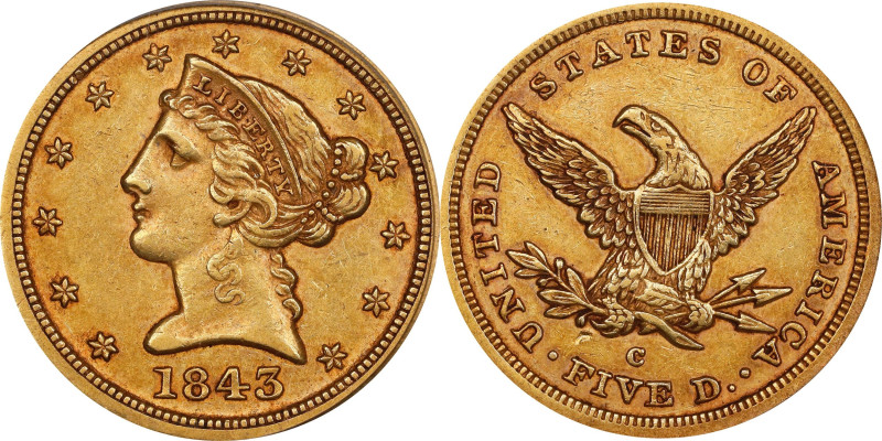 1843-C Liberty Head Half Eagle. Winter-2. AU-53 (PCGS). CAC.

This handsome, m...