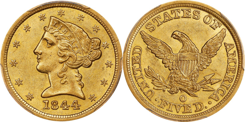 1844-O Liberty Head Half Eagle. Winter-4. AU-55 (PCGS).

Pleasing yellow-gold ...