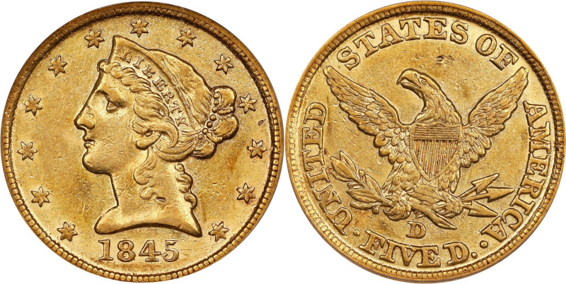 1845-D Liberty Head Half Eagle. Winter 13-H. AU-53 (ICG).

Traces of orange-ap...