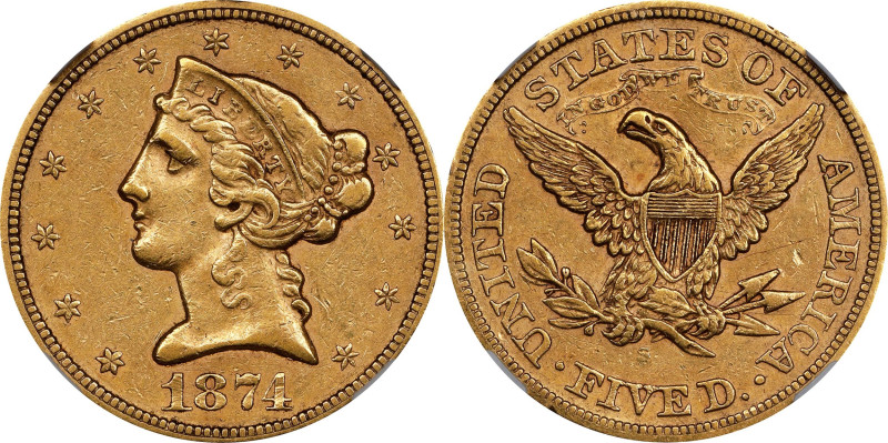 1874-S Liberty Head Half Eagle. AU-55 (NGC).

This sharply defined Choice AU i...