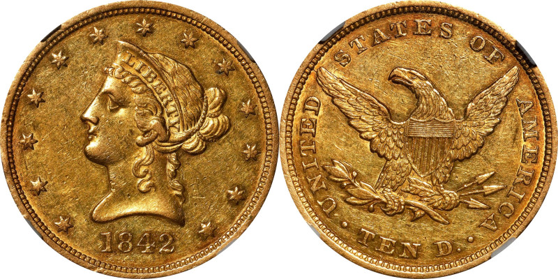 1842 Liberty Head Eagle. Large Date, Crosslet 4. AU-55 (NGC).

Pretty bright o...