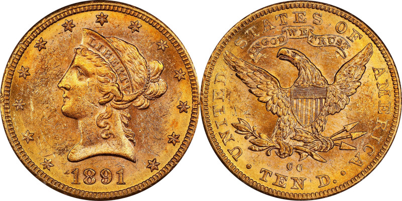 1891-CC Liberty Head Eagle. Winter 1-A. MS-60 (PCGS). CAC. OGH Rattler.

Crisp...