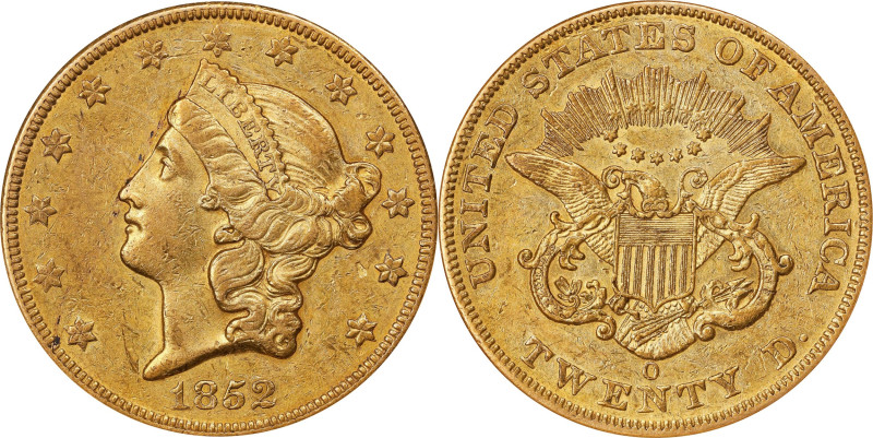 1852-O Liberty Head Double Eagle. Winter-1, the only known dies. AU-55 (NGC).
...