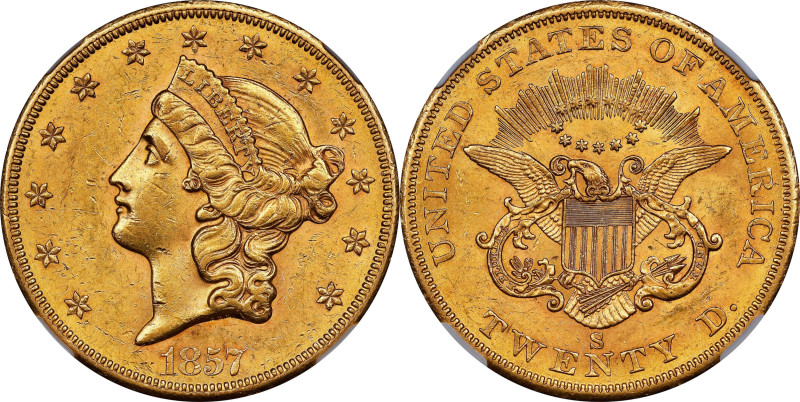 1857-S Liberty Head Double Eagle. MS-61 (NGC).

Smartly impressed with full mi...