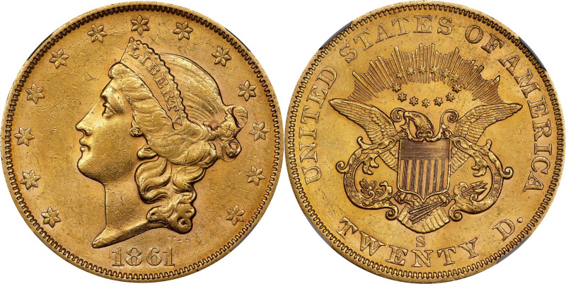 1861-S Liberty Head Double Eagle. MS-60 (NGC).

Appealing golden-rose colorati...