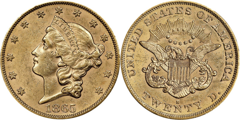 1865-S Liberty Head Double Eagle. MS-61 (PCGS).

Bright golden-wheat surfaces ...