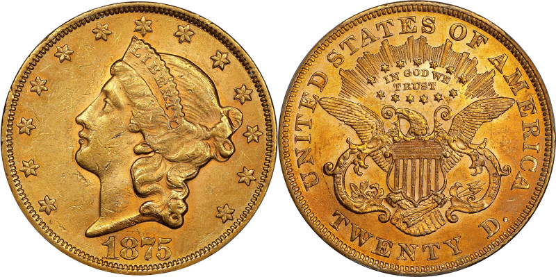 1875 Liberty Head Double Eagle. MS-62 (PCGS).

A popular Type II double eagle,...