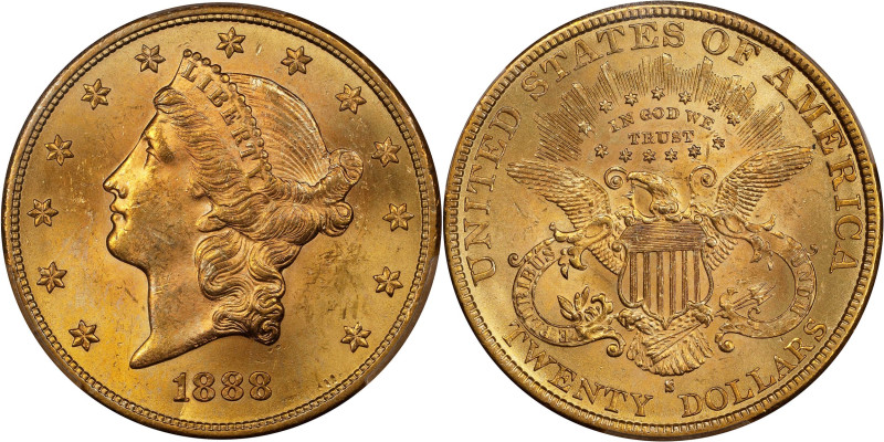 1888-S Liberty Head Double Eagle. MS-63+ (PCGS).

Original olive-gold surfaces...