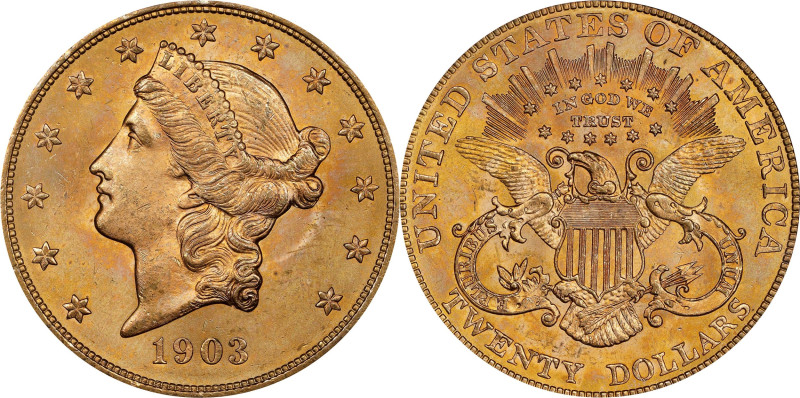 1903 Liberty Head Double Eagle. MS-65 (PCGS).

Vivid rose-orange surfaces are ...