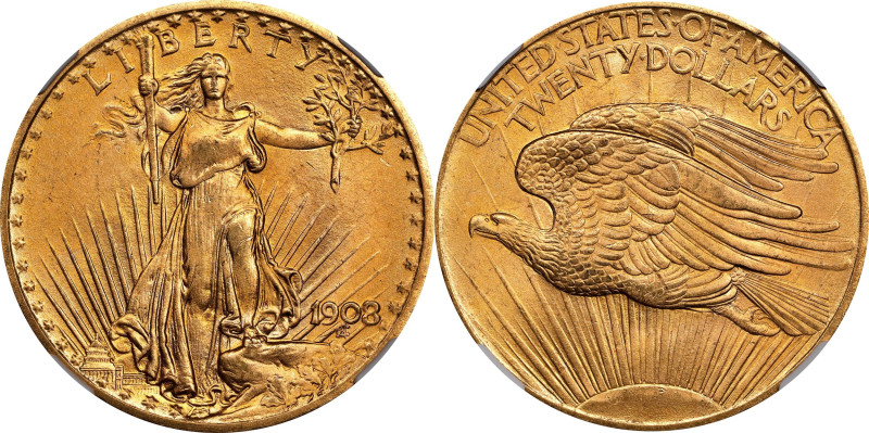 1908 Saint-Gaudens Double Eagle. No Motto. MS-66+ (NGC).

A boldly struck, ful...