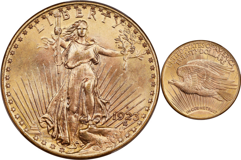 1923-D Saint-Gaudens Double Eagle. MS-66 (PCGS).

Frosty golden-apricot surfac...