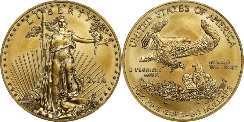 2014 One-Ounce Gold Eagle. Struck on a One-Once Gold Buffalo Planchet. MS-69 (PC...