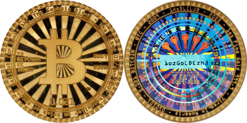 2022 1HoDLCLUB Gold "Poker Chip" 0.021 Bitcoin. Loaded. Firstbits 1ozGoLDE. Seri...