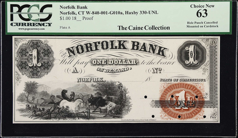 Norfolk, Connecticut. Norfolk Bank. Haxby 330-UNL, W-840-001-G010a. 18xx $1. Pro...