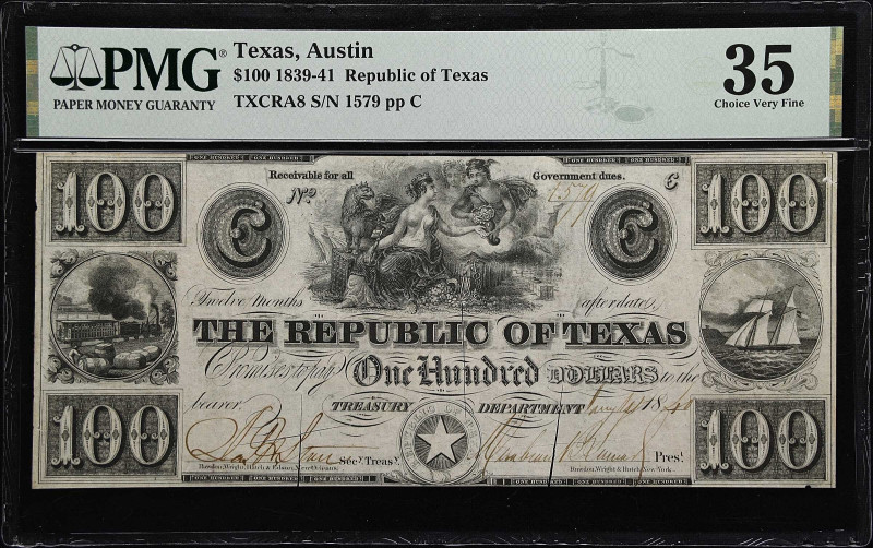 Austin, Texas. Republic of Texas. 1840 $100. PMG Choice Very Fine 35.

Serial ...