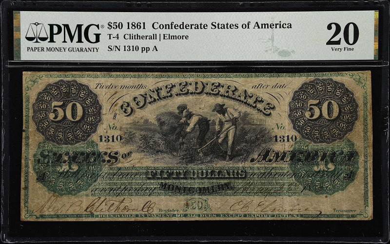 T-4 1861 $50 Montgomery

T-4. Confederate Currency. 1861 $50. PMG Very Fine 20...