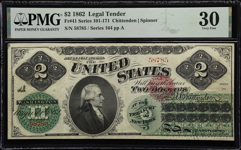 Fr. 41. 1862 $2 Legal Tender Note. PMG Very Fine 30.

The typical folds for th...