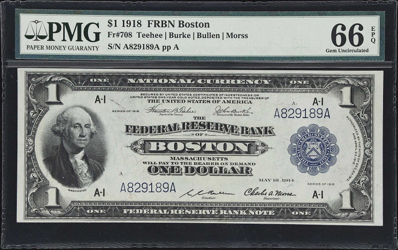 Fr. 708. 1918 $1 Federal Reserve Bank Note. Boston. PMG Gem Uncirculated 66 EPQ....