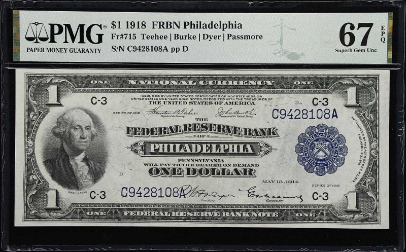 Fr. 715. 1918 $1 Federal Reserve Bank Note. Philadelphia. PMG Superb Gem Uncircu...