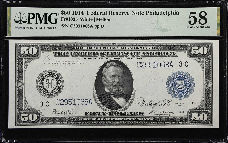 Fr. 1035. 1914 $50 Federal Reserve Note. Philadelphia. PMG Choice About Uncircul...