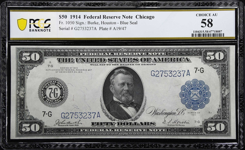 Fr. 1050. 1914 $50 Federal Reserve Note. Chicago. PCGS Banknote Choice About Unc...