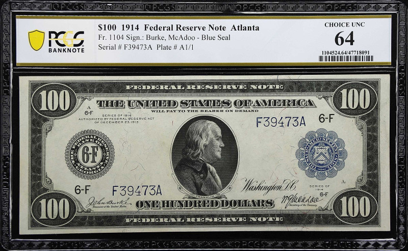 Fr. 1104. 1914 $100 Federal Reserve Note. Atlanta. PCGS Banknote Choice Uncircul...