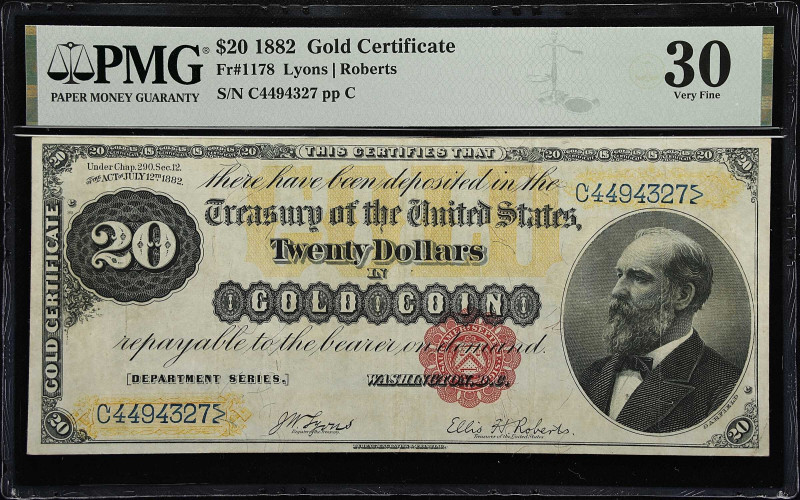 Fr. 1178. 1882 $20 Gold Certificate. PMG Very Fine 30.

Good color is noticed ...