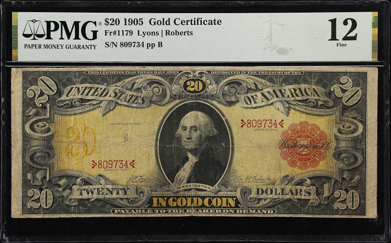 Fr. 1179. 1905 $20 Gold Certificate. PMG Fine 12.

One of the prized designs w...