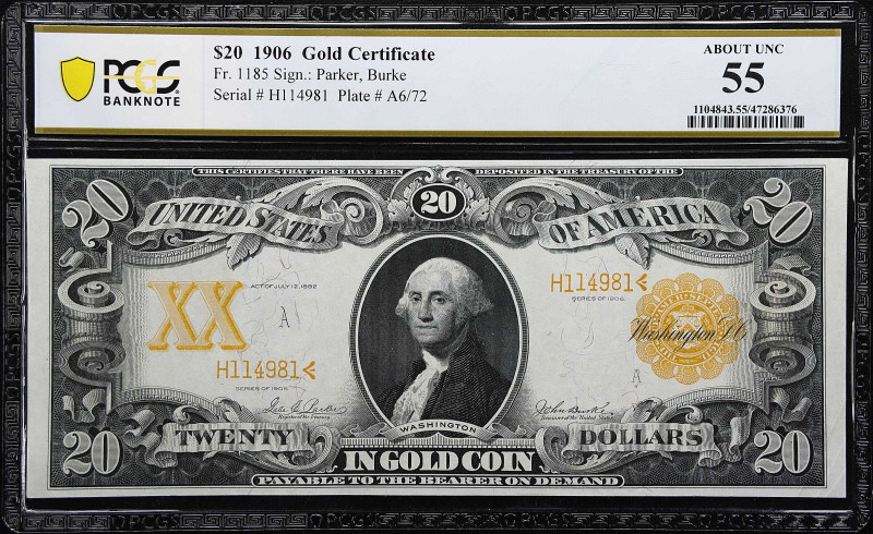 Fr. 1185. 1906 $20 Gold Certificate. PCGS Banknote About Uncirculated 55.

Bri...