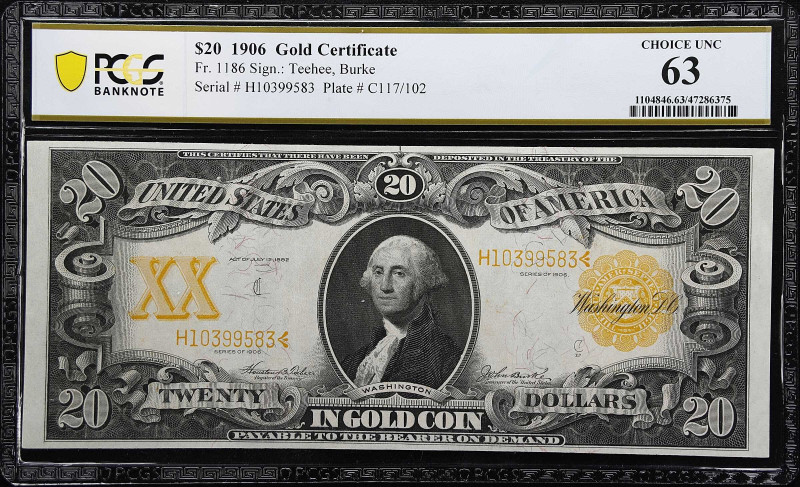 Fr. 1186. 1906 $20 Gold Certificate. PCGS Banknote Choice Uncirculated 63.

A ...