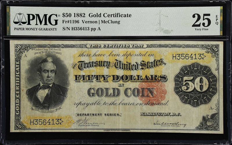 Fr. 1196. 1882 $50 Gold Certificate. PMG Very Fine 25 EPQ.

A gorgeous note th...