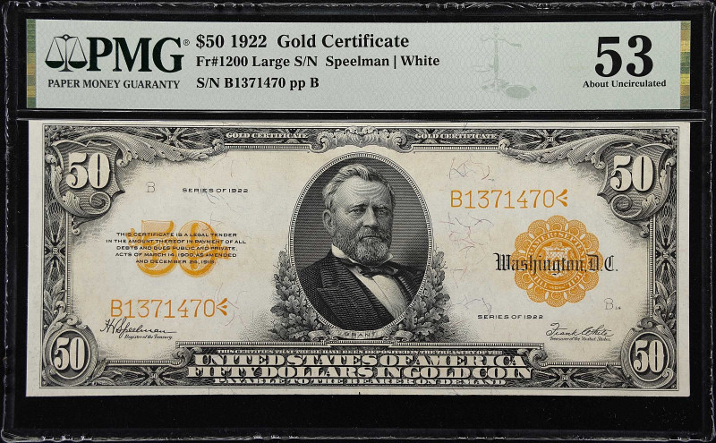 Fr. 1200. 1922 $50 Gold Certificate. PMG About Uncirculated 53.

Finding pleas...